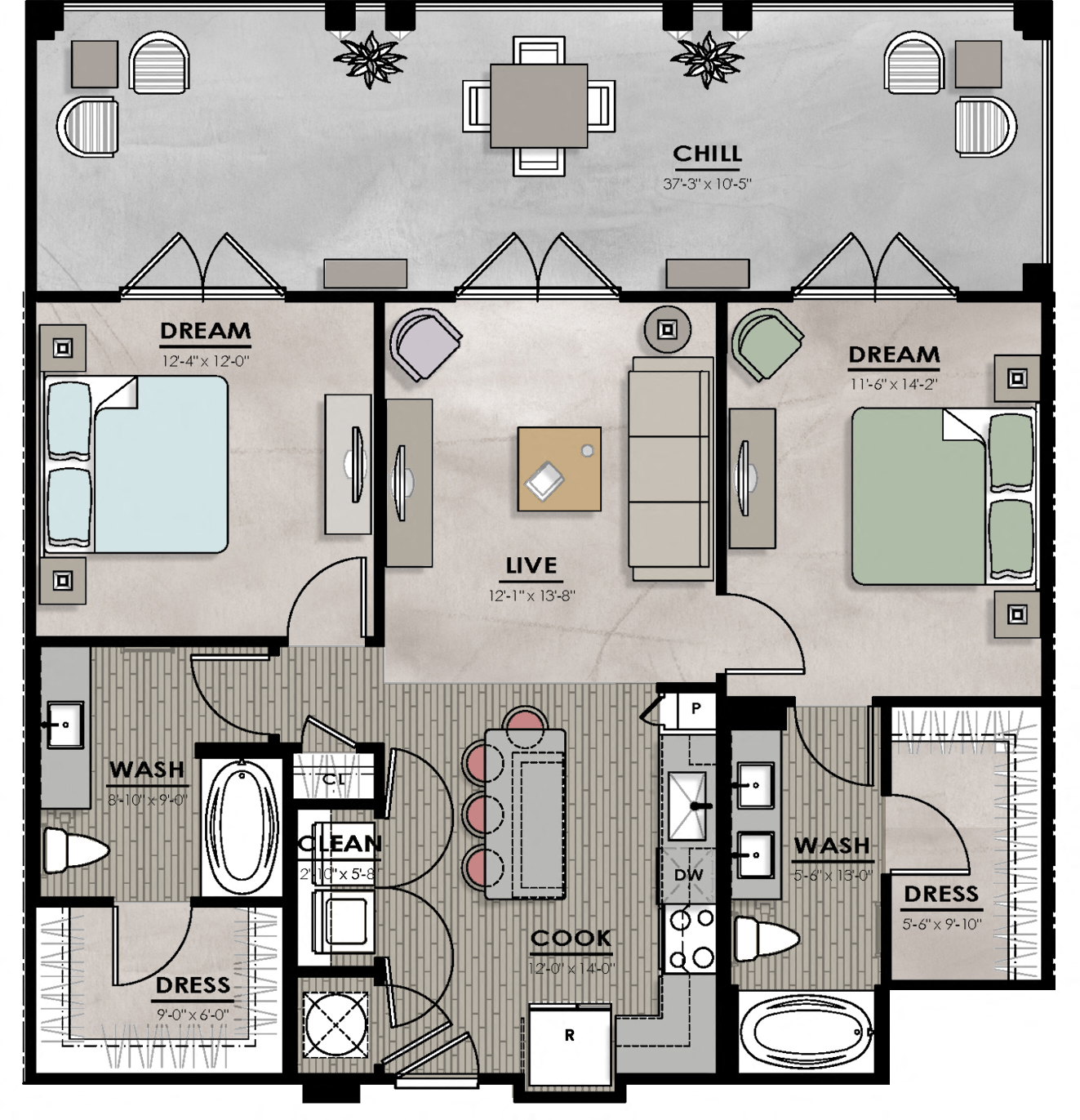 Floor plan for 2 beds, 2 baths, 1040 sqft